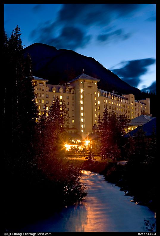 Chateau Lake Louise and stream at night. Banff National Park, Canadian Rockies, Alberta, Canada