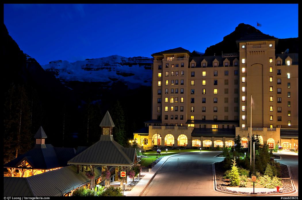 Chateau Lake Louise at night, with Victoria Peak looming behind. Banff National Park, Canadian Rockies, Alberta, Canada