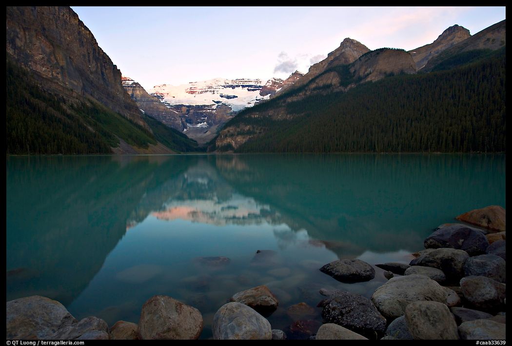 Boulders, Victoria Peak, and Lake Louise, sunrise. Banff National Park, Canadian Rockies, Alberta, Canada