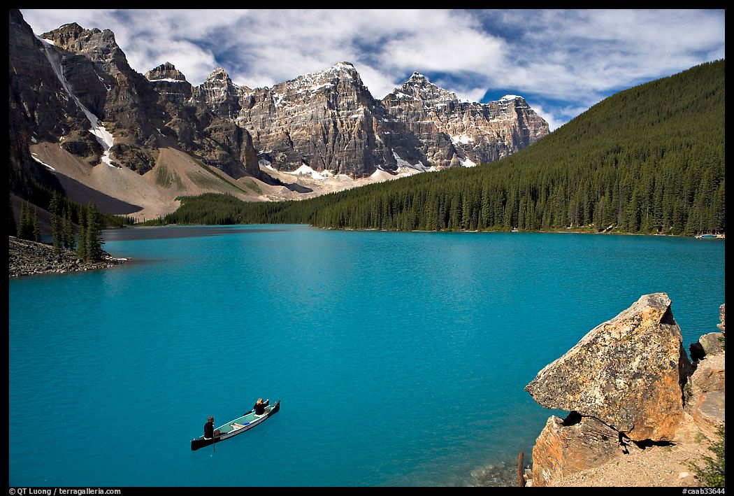 Canoe and Wenkchemna Peaks, Moraine Lake, mid-morning. Banff National Park, Canadian Rockies, Alberta, Canada