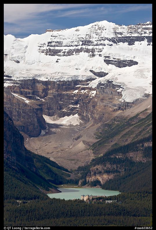 Distant view of Lake Louise and  Victoria Peak from the ski resort. Banff National Park, Canadian Rockies, Alberta, Canada
