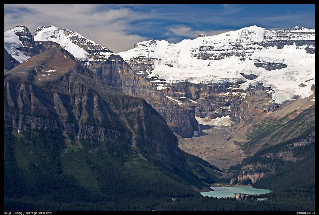 Distant view of Lake Louise and  Victoria Peak. Banff National Park, Canadian Rockies, Alberta, Canada