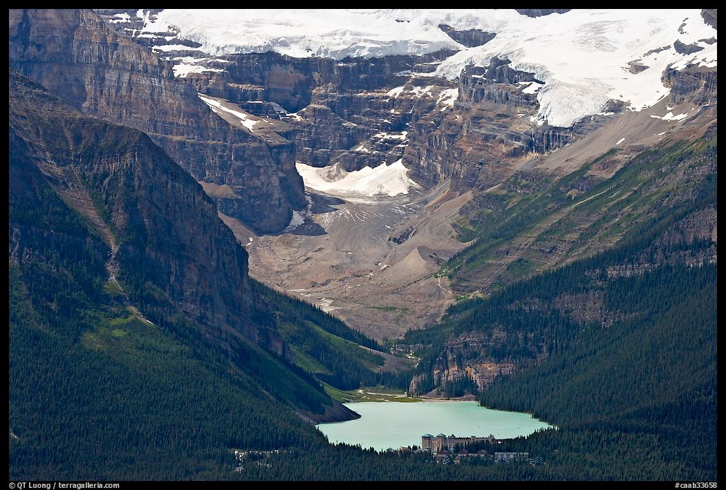 Distant view of Lake Louise and Chateau Lake Louise at the base of Victorial Peak. Banff National Park, Canadian Rockies, Alberta, Canada