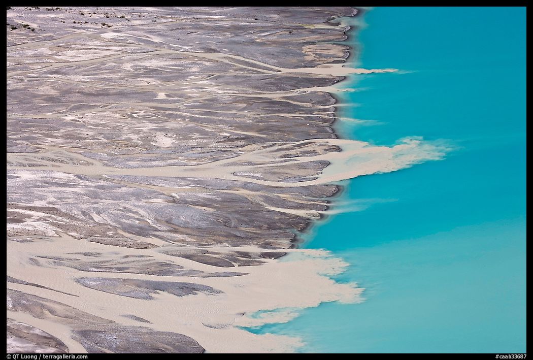 Streams depositing glacial sediments into Peyto Lake. Banff National Park, Canadian Rockies, Alberta, Canada
