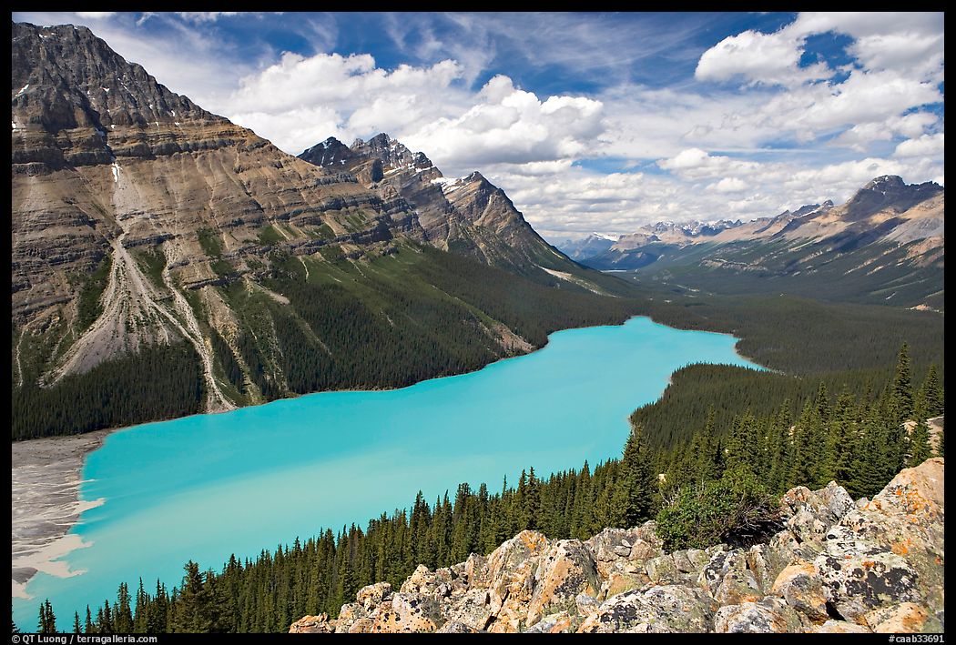 Peyto Lake, with waters colored turquoise by glacial sediments, mid-day. Banff National Park, Canadian Rockies, Alberta, Canada