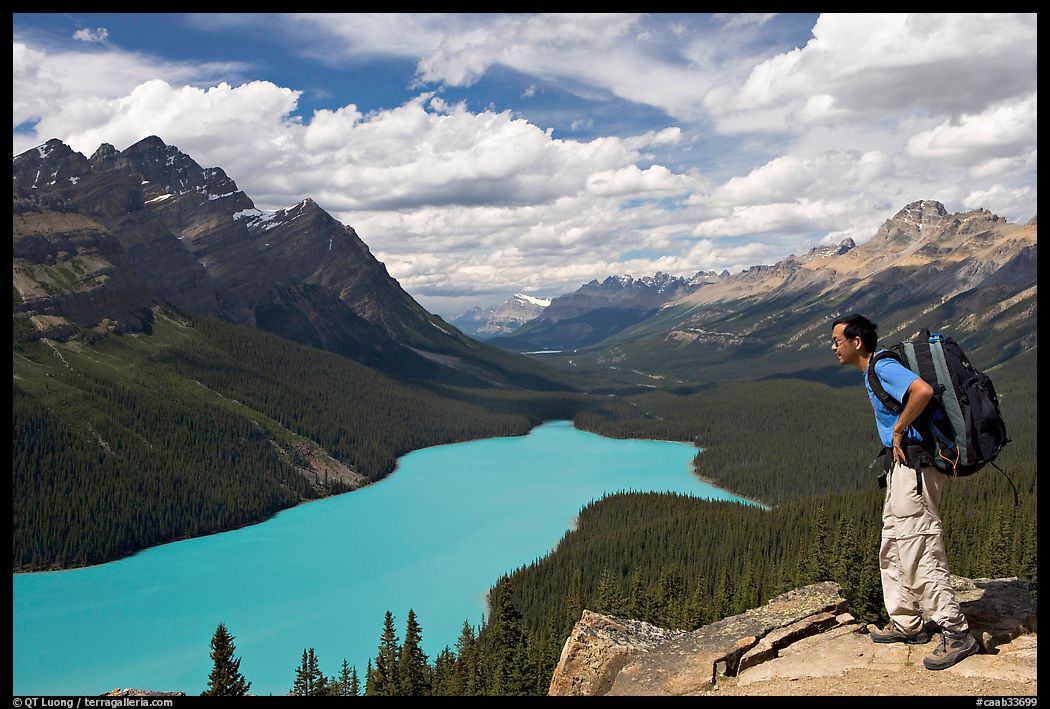 Hiker wearing backpack looking at Peyto Lake. Banff National Park, Canadian Rockies, Alberta, Canada