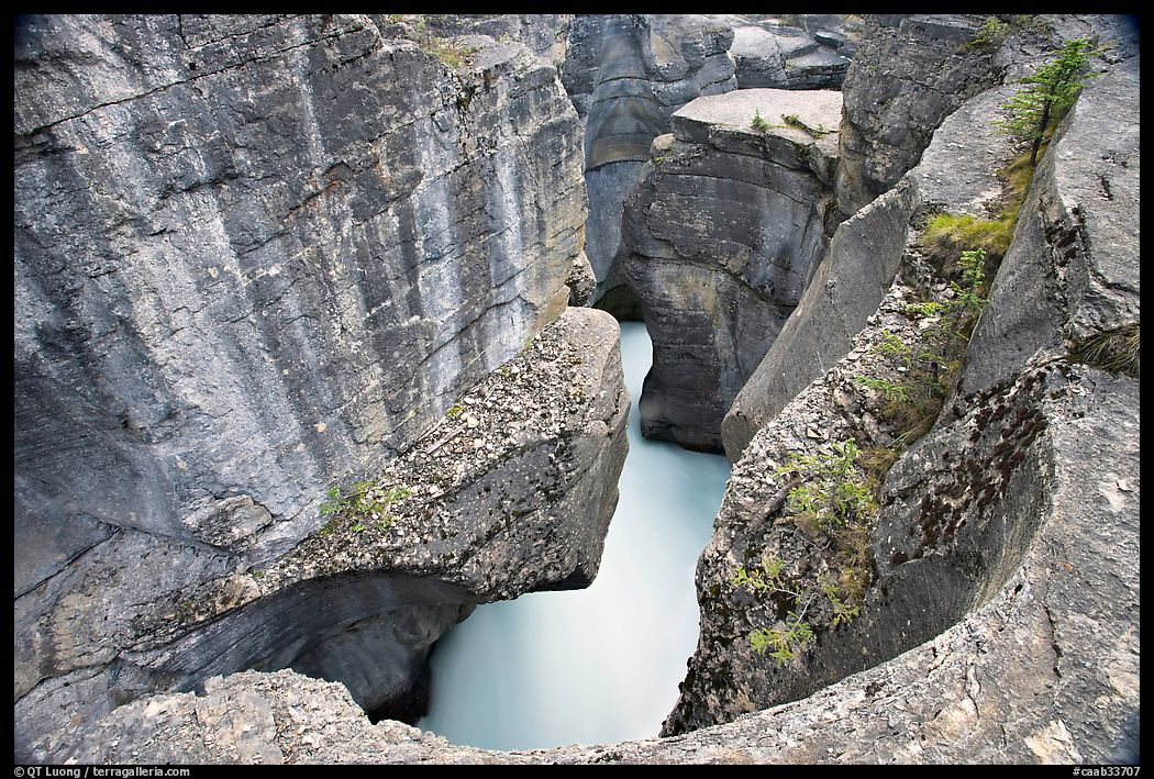 Twenty meter deep gorge carved out of solid limestone rock, Mistaya Canyon. Banff National Park, Canadian Rockies, Alberta, Canada