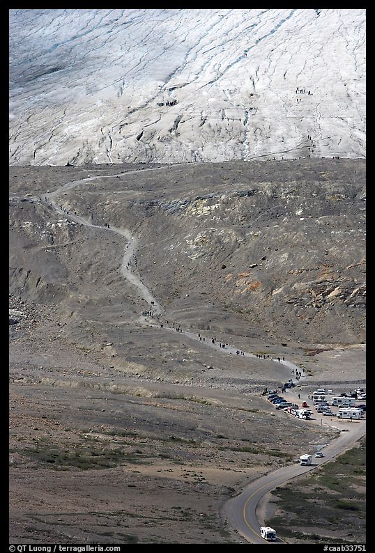 Road and trail leading to Athabasca Glacier. Jasper National Park, Canadian Rockies, Alberta, Canada