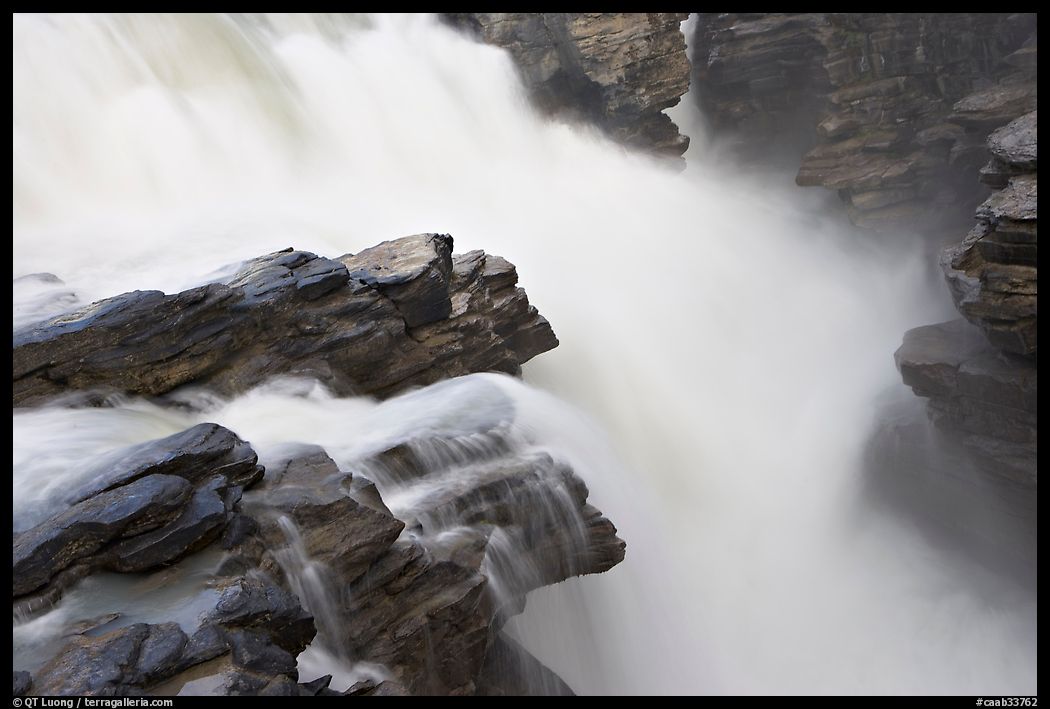 Water flowing over Gog quartzite in Athabasca Falls. Jasper National Park, Canadian Rockies, Alberta, Canada