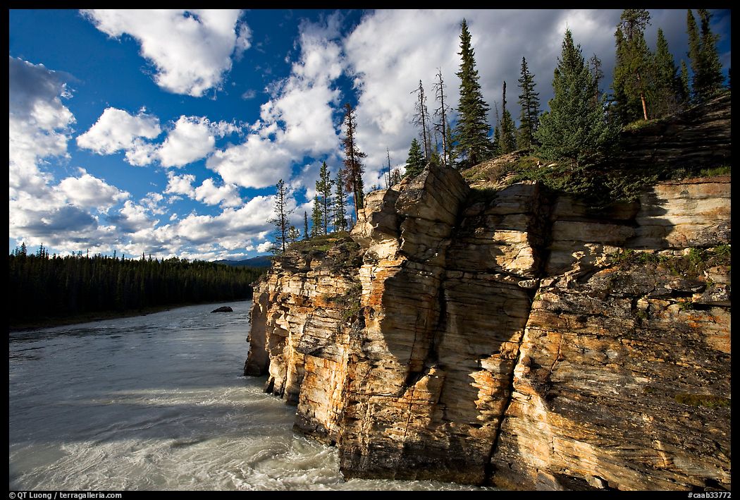Cliff and Athabasca River, late afternoon. Jasper National Park, Canadian Rockies, Alberta, Canada