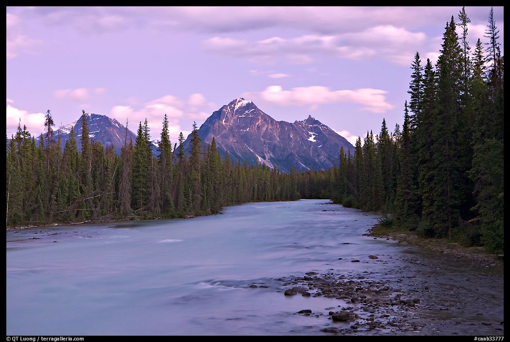 Whirlpool River and Whirlpool Peak, sunset. Jasper National Park, Canadian Rockies, Alberta, Canada