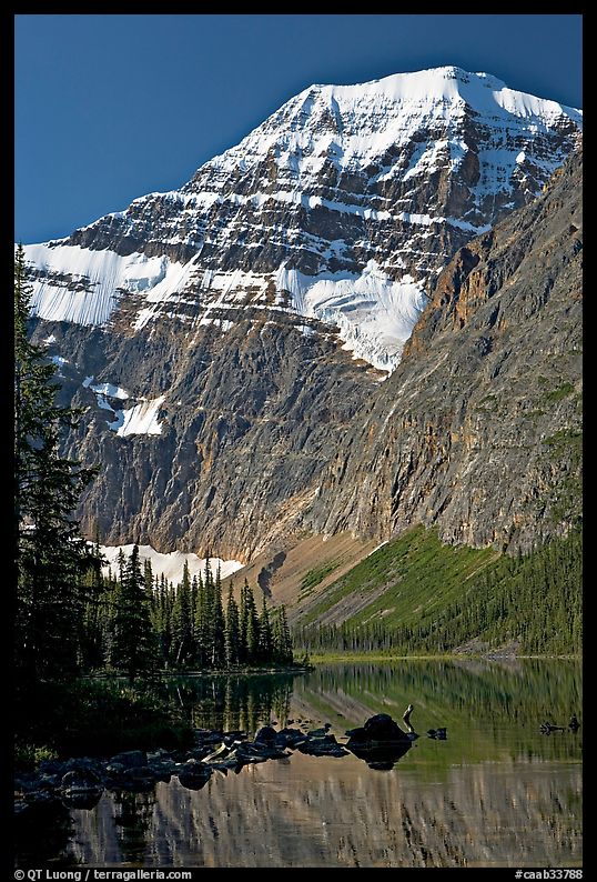 Steep face of Mt Edith Cavell raising above Cavell Lake. Jasper National Park, Canadian Rockies, Alberta, Canada