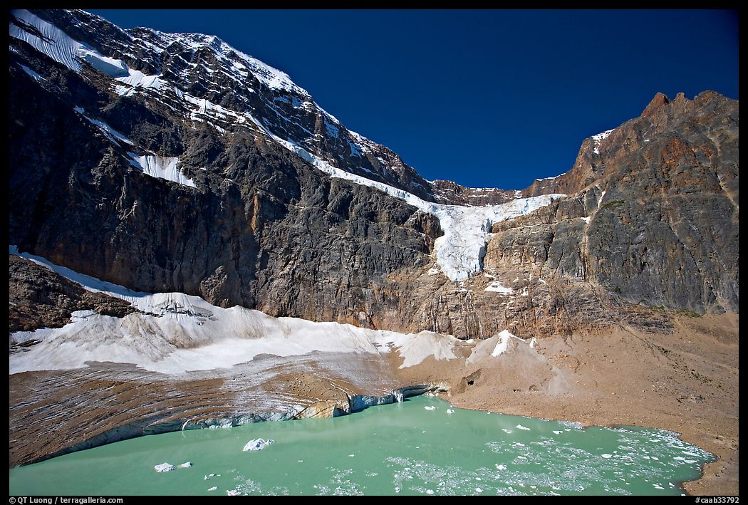 Mt Edith Cavell, Angel Glacier, and turquoise glacial lake. Jasper National Park, Canadian Rockies, Alberta, Canada