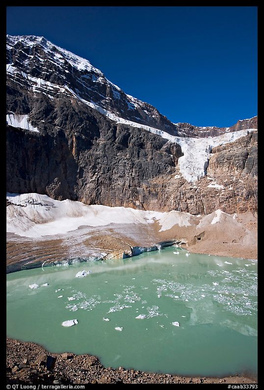 Turquoise glacial lake below Mt Edith Cavell, morning. Jasper National Park, Canadian Rockies, Alberta, Canada