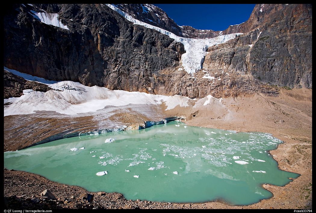 Hanging glacier and glacial pond, Mt Edith Cavell. Jasper National Park, Canadian Rockies, Alberta, Canada