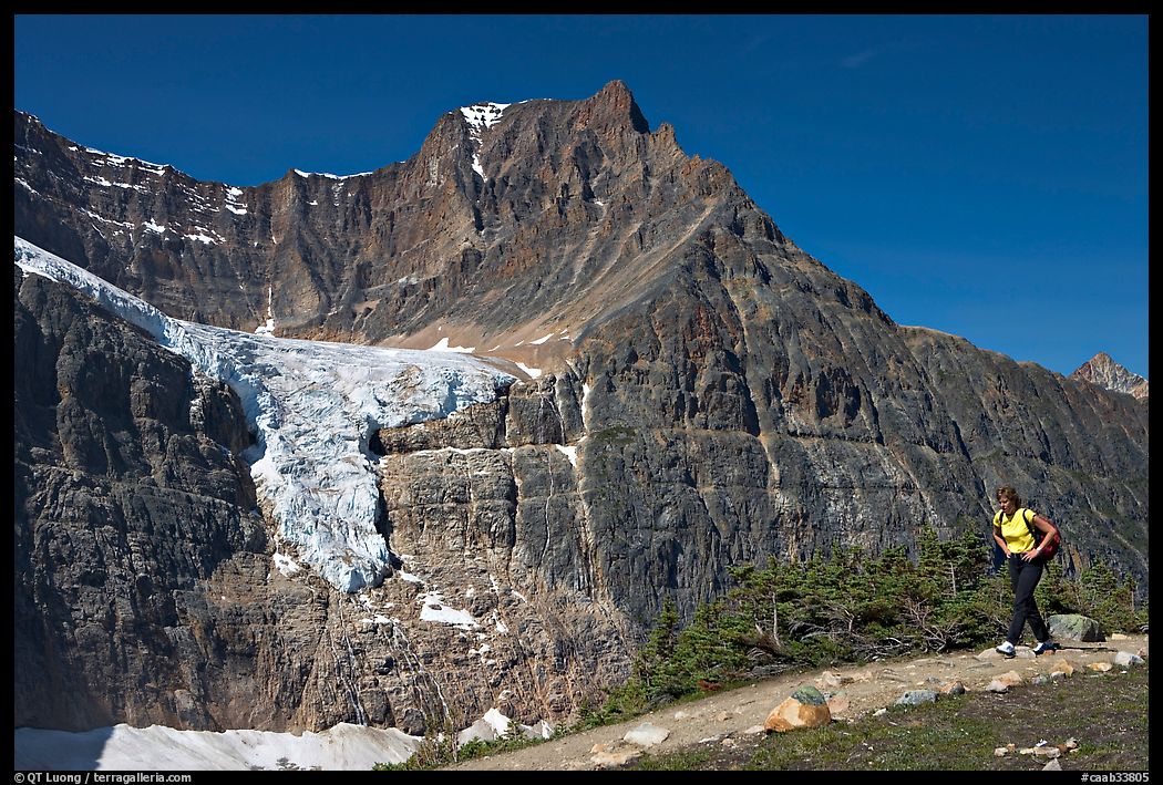 Woman hiking on trail near Mt Edith Cavell. Jasper National Park, Canadian Rockies, Alberta, Canada