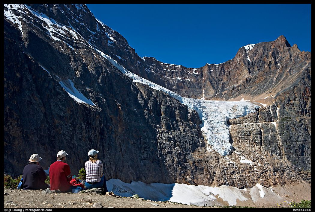 Hikers looking at Angel Glacier and Cavell Glacier. Jasper National Park, Canadian Rockies, Alberta, Canada