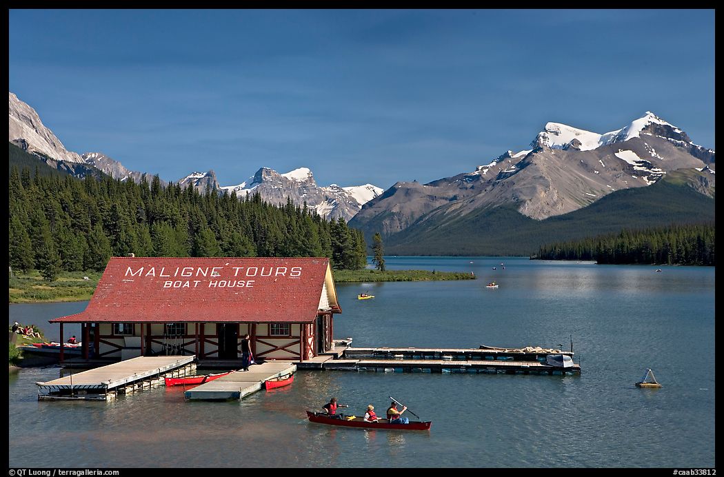 Maligne Lake and boat house. Jasper National Park, Canadian Rockies, Alberta, Canada