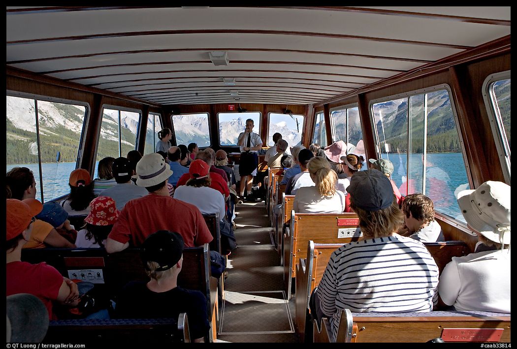 Aboard the tour boat on Maligne Lake. Jasper National Park, Canadian Rockies, Alberta, Canada