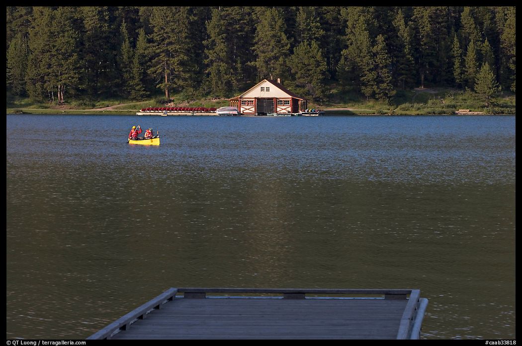 Dock, canoe, and boathouse, Maligne Lake. Jasper National Park, Canadian Rockies, Alberta, Canada