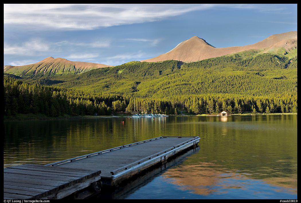 Dock, Maligne Lake, and Bald Hills, late afternoon. Jasper National Park, Canadian Rockies, Alberta, Canada