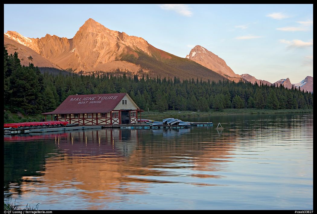 Maligne Lake Boathouse,  Leh and Samson peaks, sunset. Jasper National Park, Canadian Rockies, Alberta, Canada