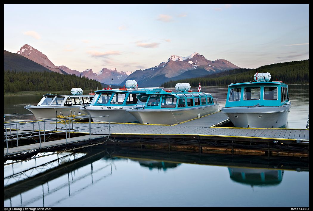 Tour boat dock, Maligne Lake, sunset. Jasper National Park, Canadian Rockies, Alberta, Canada