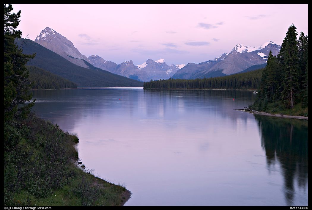 Maligne River outlet and Maligne Lake, sunset. Jasper National Park, Canadian Rockies, Alberta, Canada