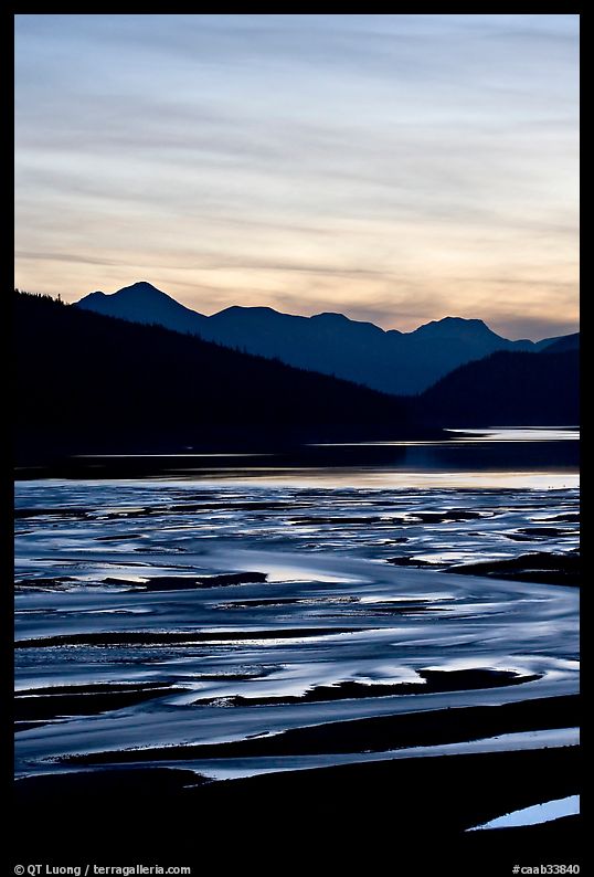 Braided channels and Medicine Lake, sunset. Jasper National Park, Canadian Rockies, Alberta, Canada