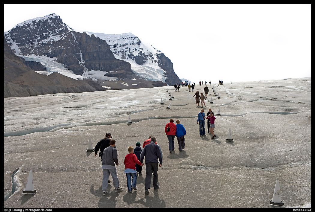 Tourists and families on Athabasca Glacier. Jasper National Park, Canadian Rockies, Alberta, Canada