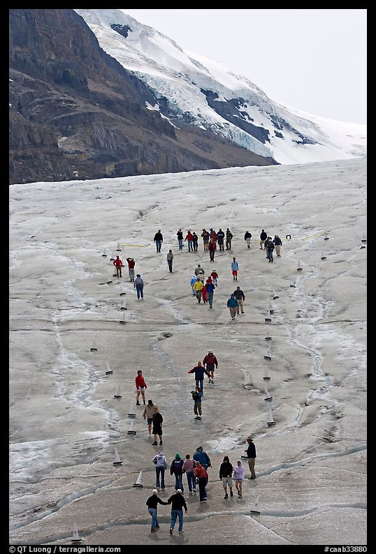 People in delimited area at the toe of Athabasca Glacier. Jasper National Park, Canadian Rockies, Alberta, Canada