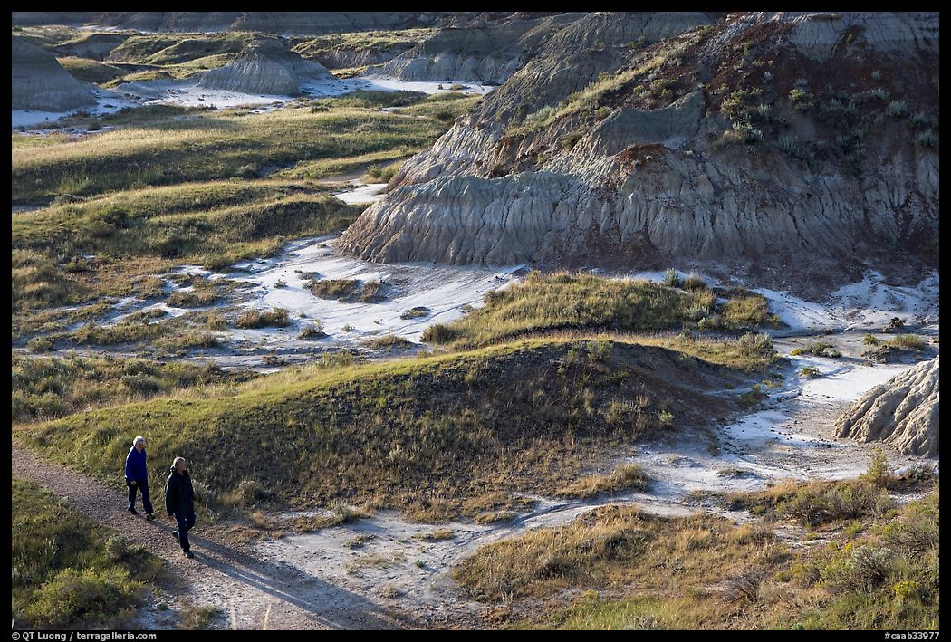 Hikers amongst badlands, morning, Dinosaur Provincial Park. Alberta, Canada