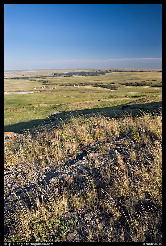 Prairie and teepees from the top of the cliff, Head-Smashed-In Buffalo Jump. Alberta, Canada