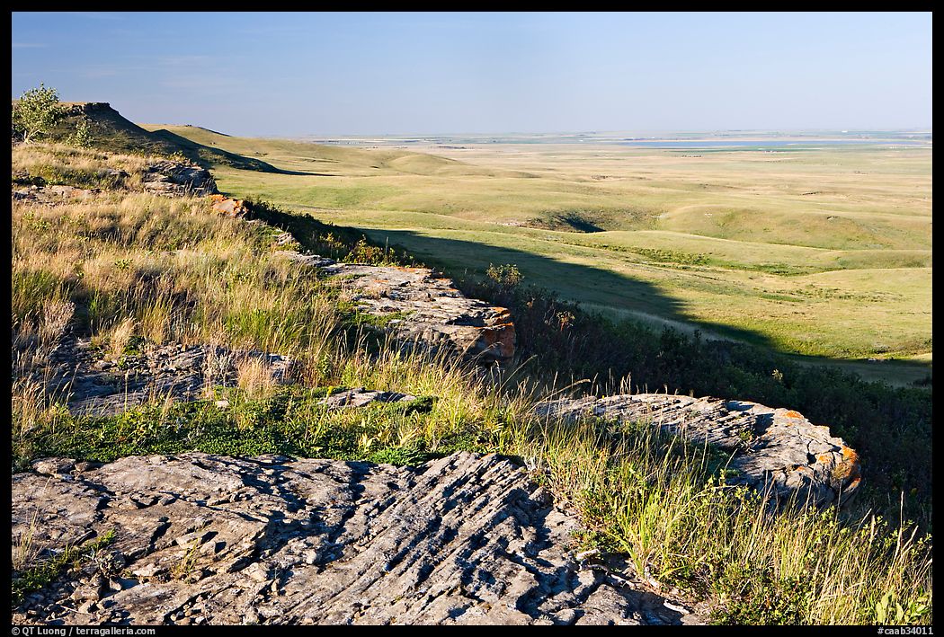Prairie and foothills seen from the top of the cliff,  Head-Smashed-In Buffalo Jump. Alberta, Canada