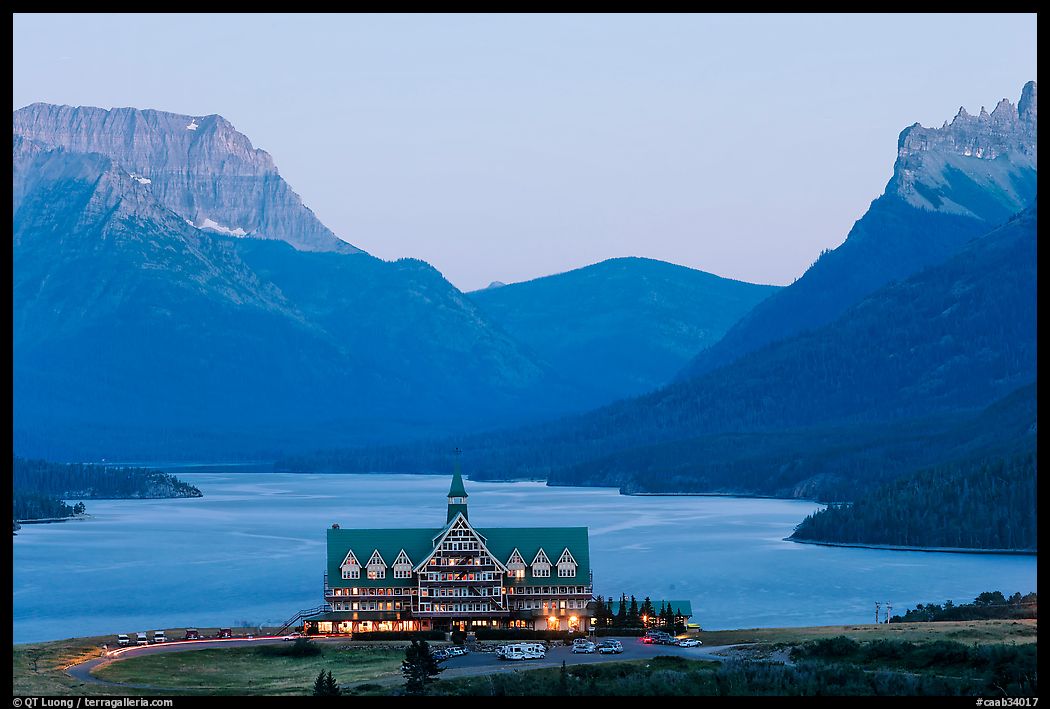 Prince of Wales hotel and upper Waterton Lake, dusk. Waterton Lakes National Park, Alberta, Canada