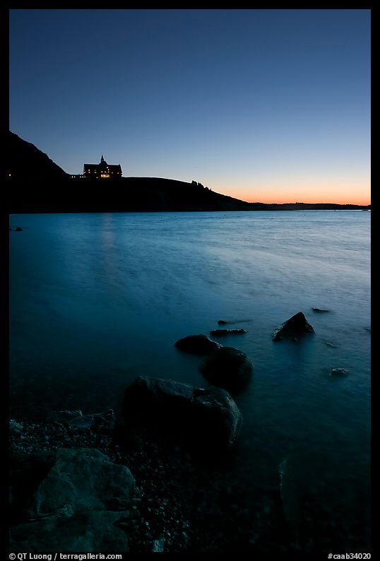Waterton Lake and Prince of Wales hotel, dawn. Waterton Lakes National Park, Alberta, Canada