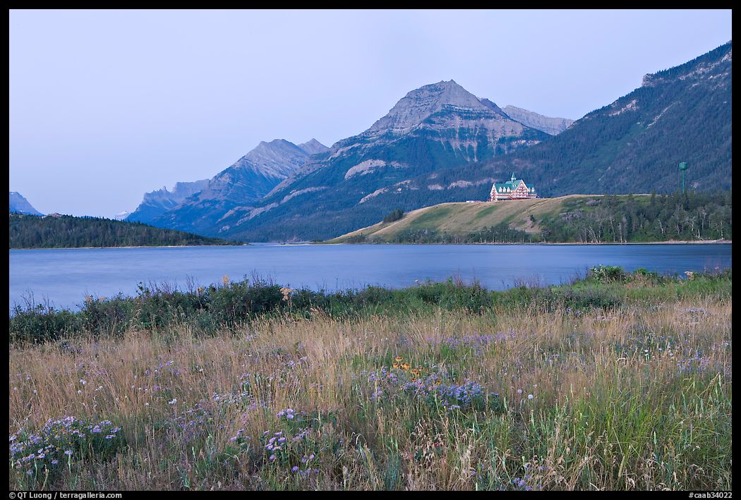 Prince of Wales hotel and upper Waterton Lake, dawn. Waterton Lakes National Park, Alberta, Canada