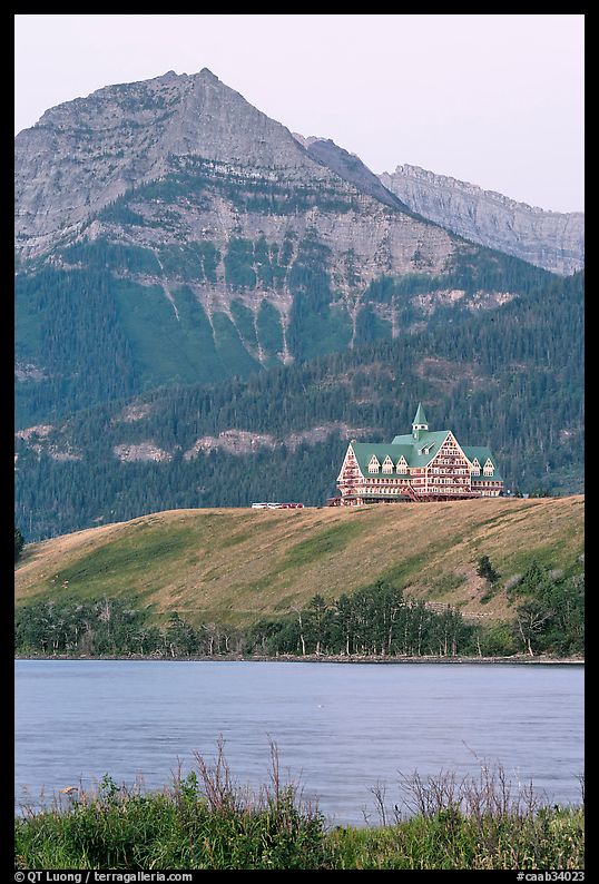 Prince of Wales hotel, lake and mountain, dawn. Waterton Lakes National Park, Alberta, Canada