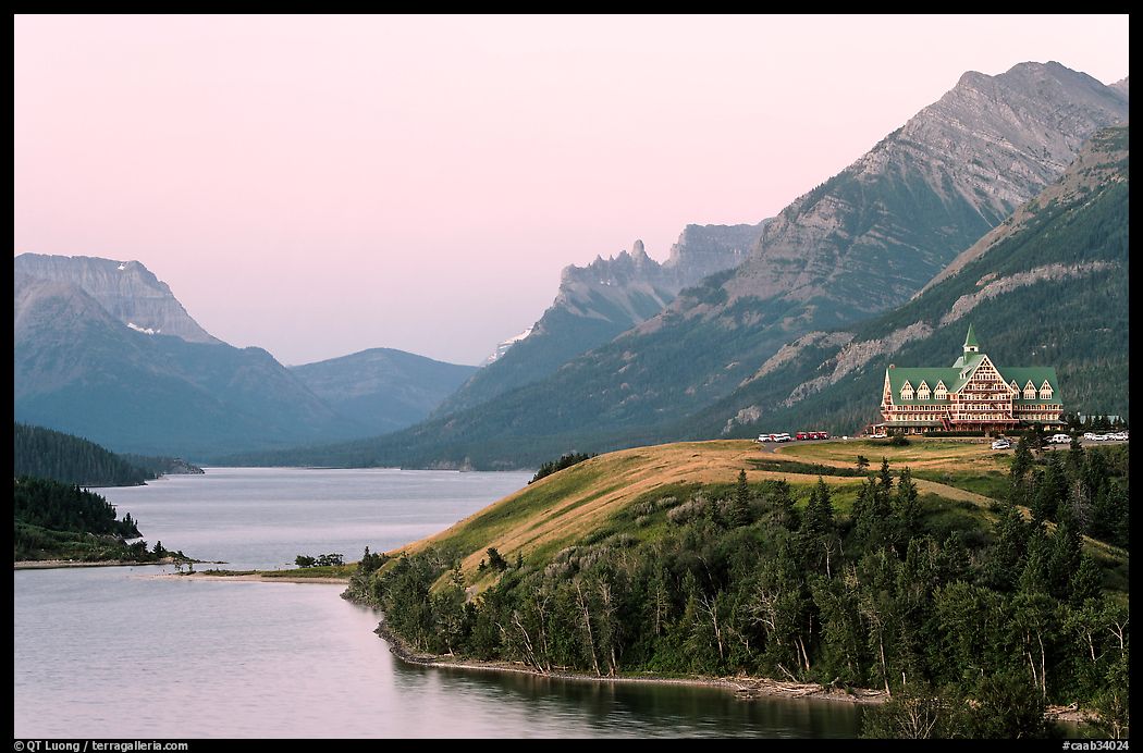 Waterton Lakes and Prince of Wales hotel, dawn. Waterton Lakes National Park, Alberta, Canada