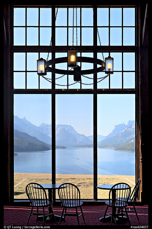 Waterton Lake seen though the immense picture windows of Prince of Wales hotel. Waterton Lakes National Park, Alberta, Canada