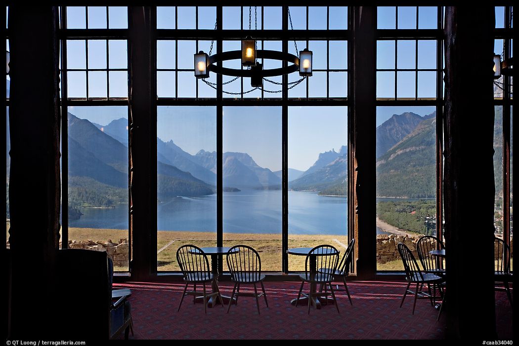 Lobby of Prince of Wales hotel with view over Waterton Lake. Waterton Lakes National Park, Alberta, Canada