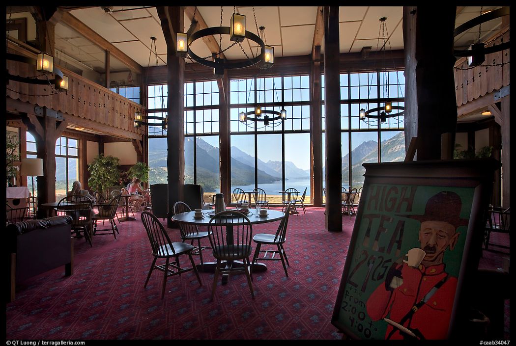 High Tea sign and lobby of historic Prince of Wales hotel. Waterton Lakes National Park, Alberta, Canada