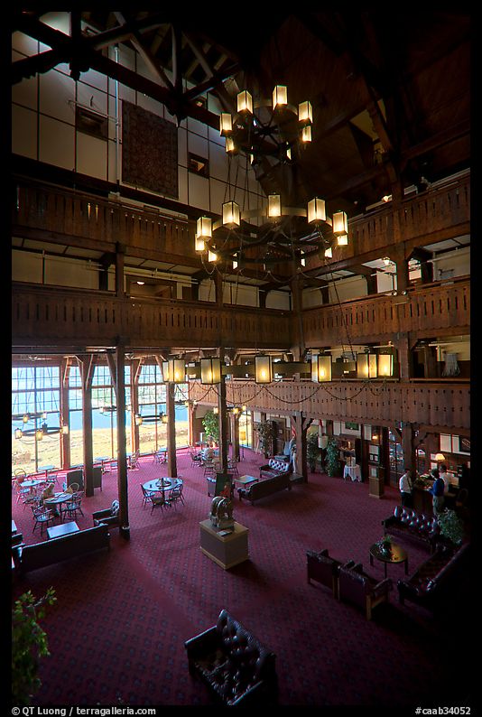 Lobby and chandelier of historic Prince of Wales hotel. Waterton Lakes National Park, Alberta, Canada
