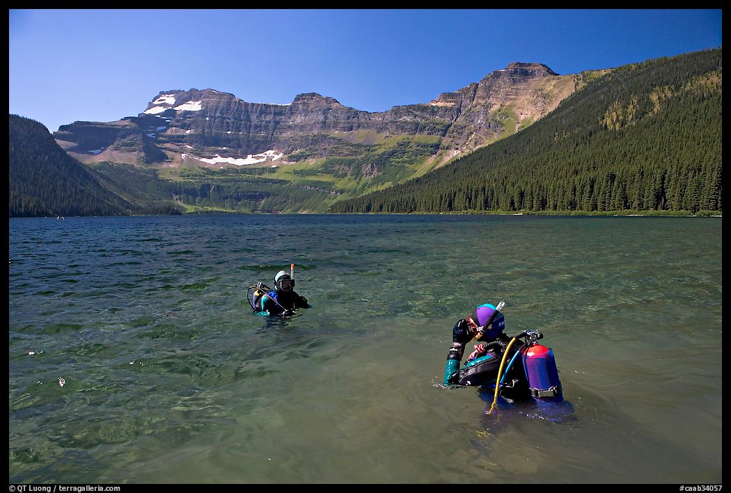 Scuba diving in a mountain Lake,. Waterton Lakes National Park, Alberta, Canada