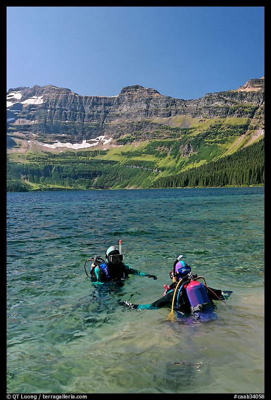 Scuba diving in Cameron Lake, a cold mountain lake. Waterton Lakes National Park, Alberta, Canada