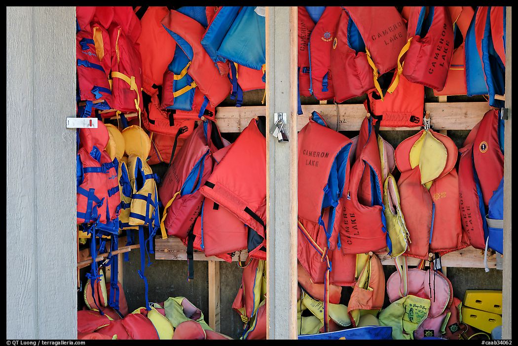Lifejackets in Cameron Lake boathouse. Waterton Lakes National Park, Alberta, Canada
