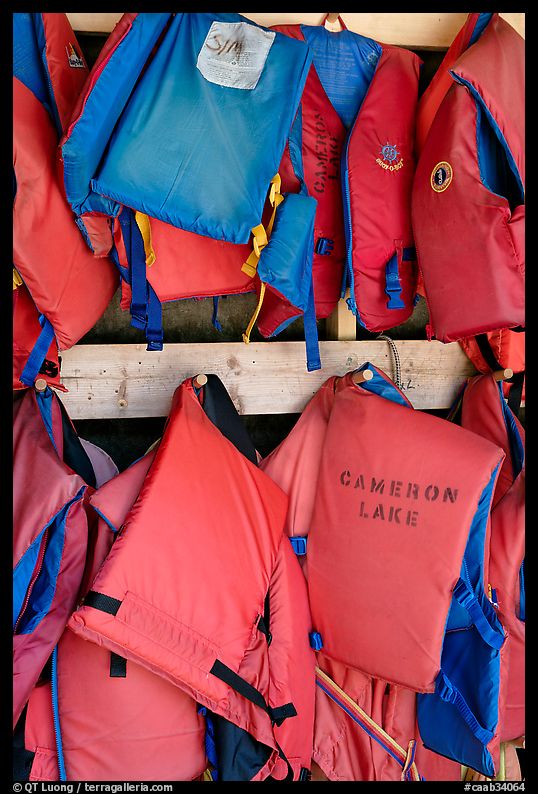 Lifevests in Cameron Lake boathouse. Waterton Lakes National Park, Alberta, Canada