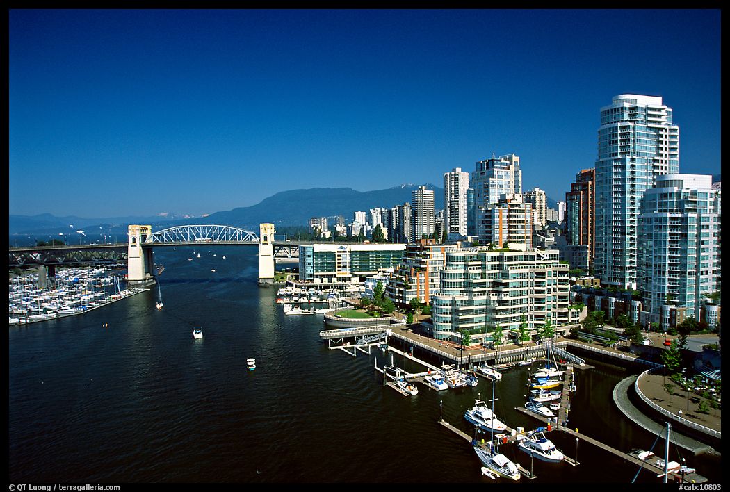 Burrard Bridge, harbor, and high-rise residential buildings. Vancouver, British Columbia, Canada