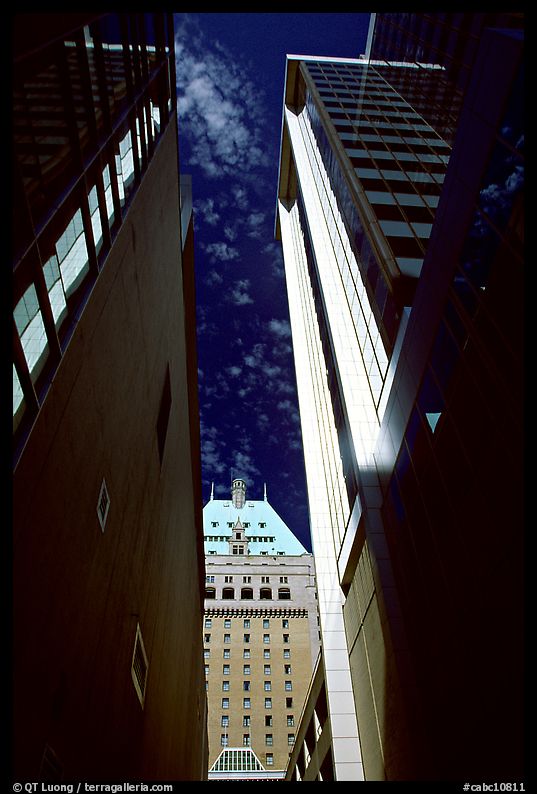 High rise downtown buildings seen from below. Vancouver, British Columbia, Canada