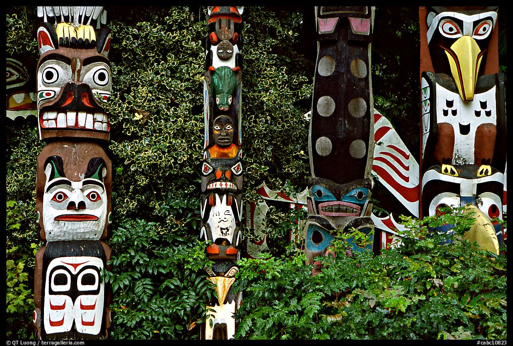 Totem collection, near the Capilano suspension bridge. Vancouver, British Columbia, Canada